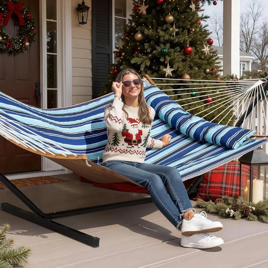 Blue Stripe 2-Person Outdoor Hammock with Stand, Curved Bars, Pillow, and Carry Bag, 450 lbs Capacity