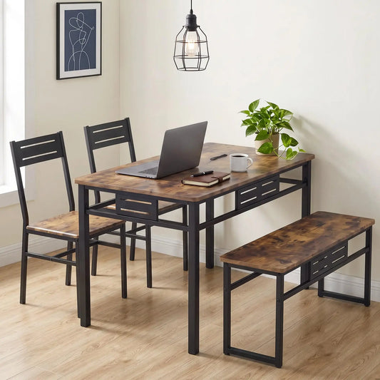 4-Piece Dining Table Set for 4, Kitchen Table and Chairs Set | With Bench & 2 Chairs, Wood-Grain & Metal Frame, Space-Saving Small Dining Room