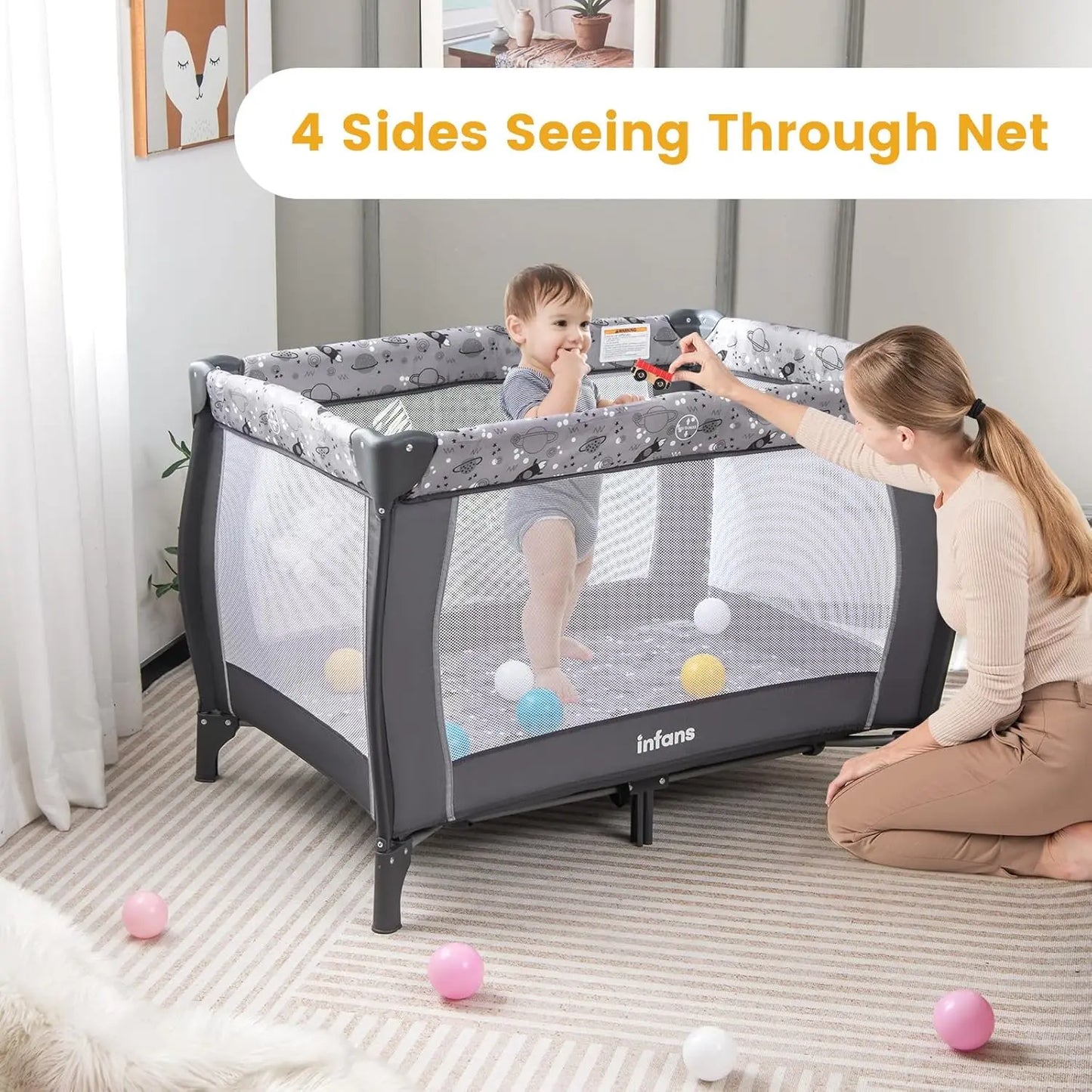 4-in-1 Portable Baby Playard with Bassinet, Changing Table, Canopy & Music Box for Newborns to Toddlers (Grey)