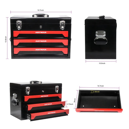 3 Drawer Metal Tool Box,Portable Metal Tool Box with EVC Liner and Lock,tool box organizer,Empty Box,tool chest,garage storage