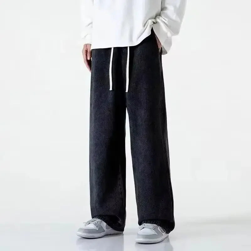 2025 New Korean Men's Casual Long Jeans Classic Man Straight Denim Wide-leg Pants Solid Color Light Blue Grey Black