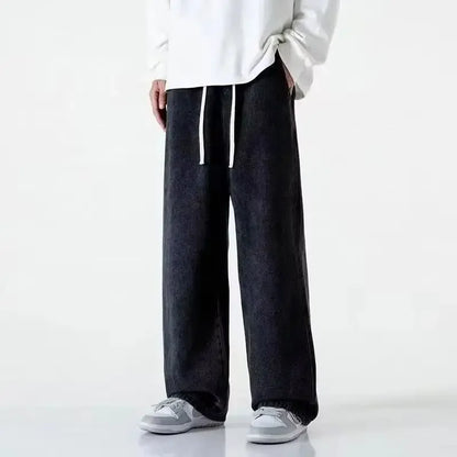 2025 New Korean Men's Casual Long Jeans Classic Man Straight Denim Wide-leg Pants Solid Color Light Blue Grey Black