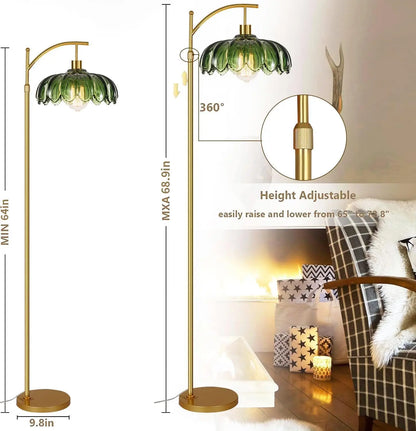 Mid Century Modern Glass Floor Lamp with Remote, Dimmable Gold Arc Light for Living Room, Bedroom, Vintage Retro Green Boho Styl