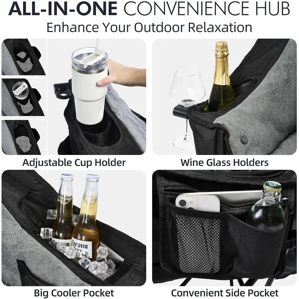 Heated Oversized Camping Chair - Heavy Duty Padded Folding Camping Chairs for Adults with Cooling Bag, Side Pocket, Cup Holder a