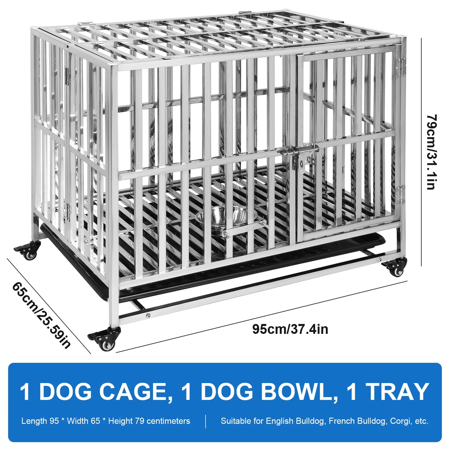 37 Inch Steel Tube Metal Pet Dog Crate with Tray Feeding Bowl Dog Crate Cage Kennel for High-Anxiety and Extra Large Dogs