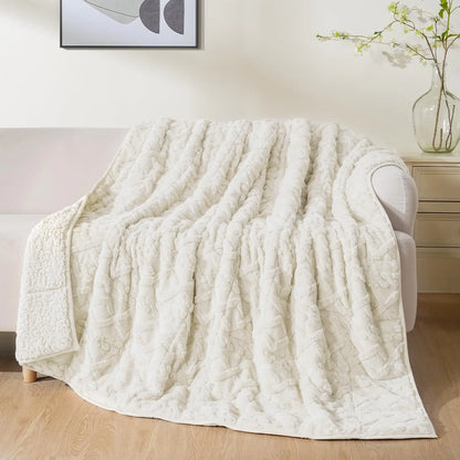 Queen Size 20lbs Weighted Blanket for Adults, Soft Jacquard Sherpa Dual-Sided, Cream White
