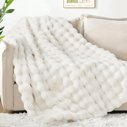 Luxury 1000GSM Rabbit Faux Fur Blanket, Super Heavy Warm Cozy Brown Blankets for Couch Bed Sofa, Ruched Plush Fuzzy Elegant Soft