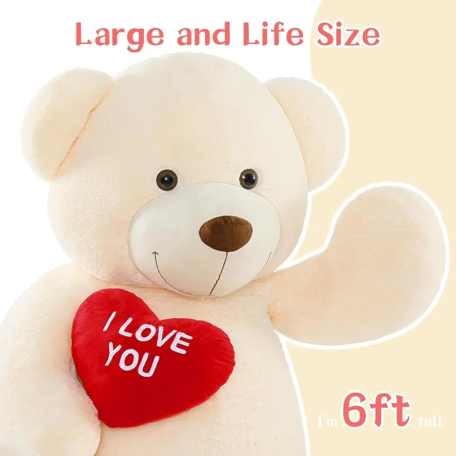 6ft Red Heart Giant Teddy Bear Stuffed Animal with Embroidered I Love You for Girlfriend Christmas Birthday Gift White Huge Val