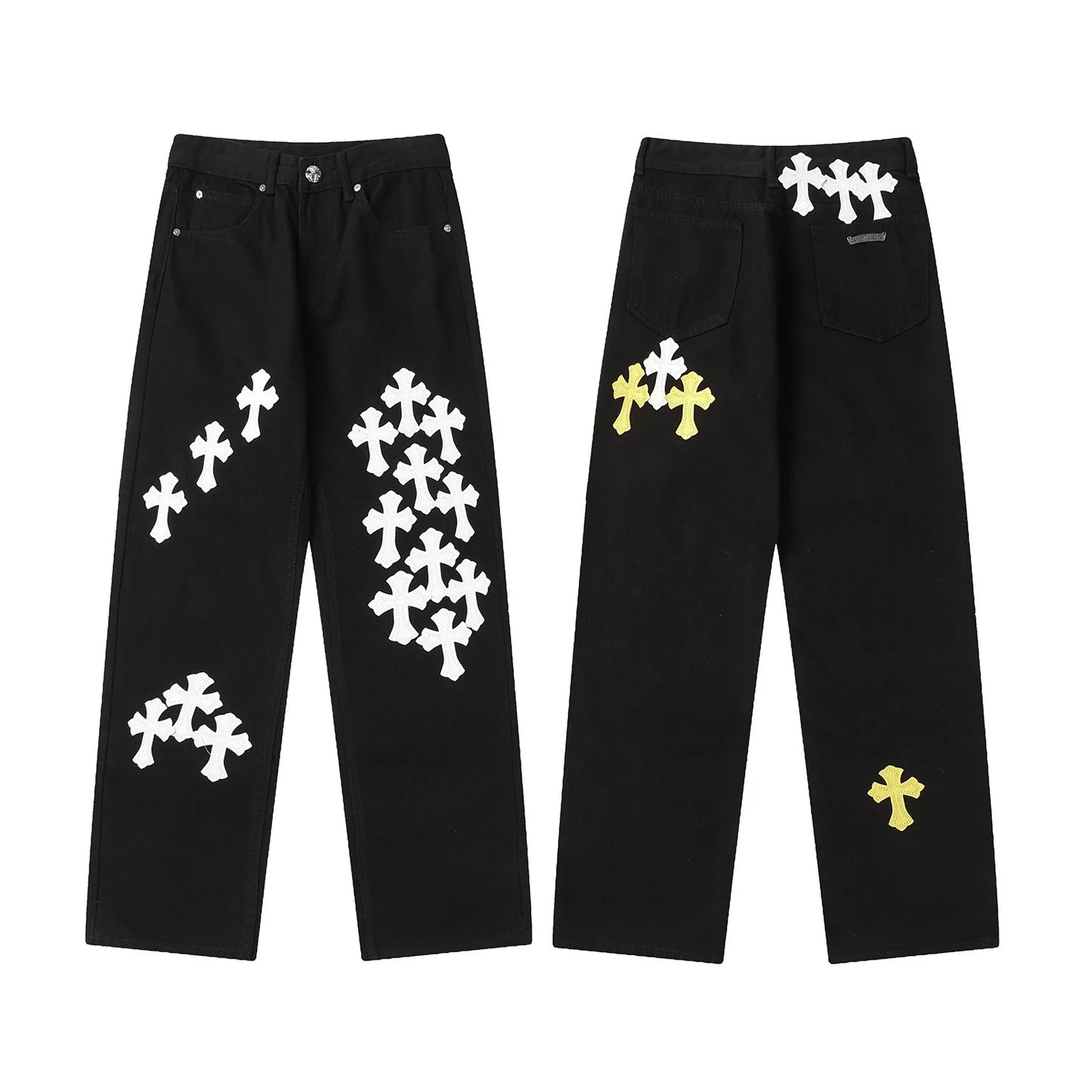 Classic Luxury Brand Men Women Leather Jeans Totem Patch Casual Pants Fashion Metal Embellished Couple Wear 2025