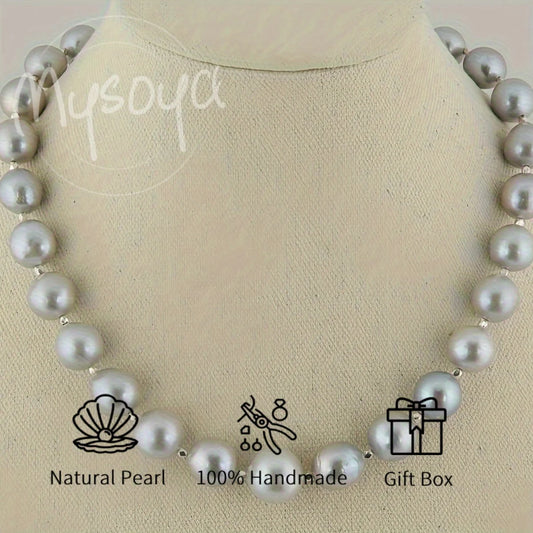 MYSOYA 10-12mm Classic Large Natural Gray Freshwater Pearl Necklace With Gift Box Birthday Wedding Christmas Valentines Day Gift