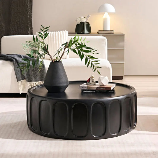 Living room circular center coffee table -35.43 inches, fiberglass table, modern design coffee table, matte black