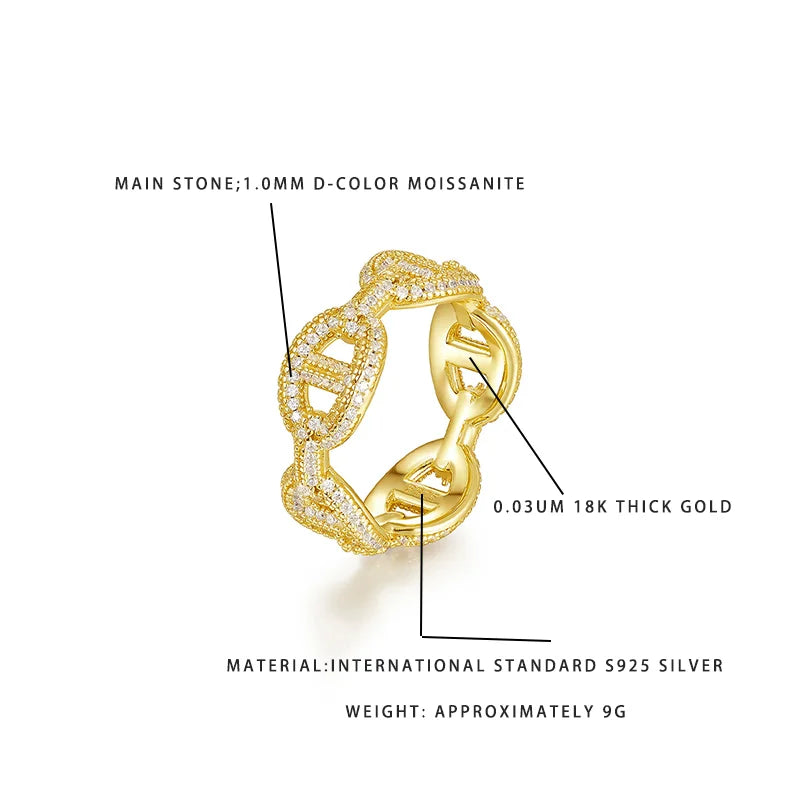 Fashion Chain Design Ring 1.0MM D-Color Moissanite 18K Gold Plated S925 Silver 9G