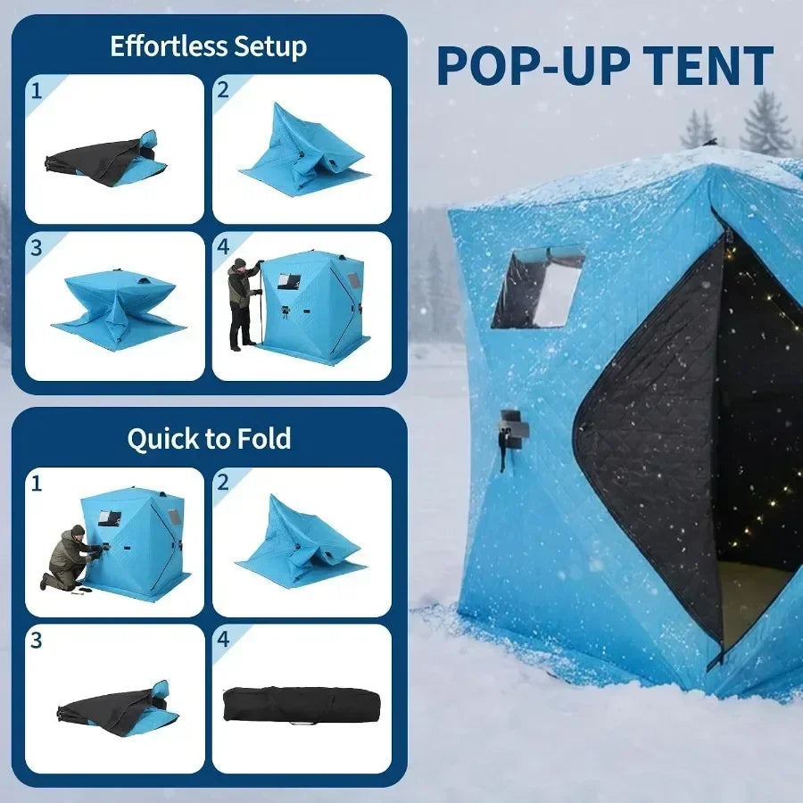 Ice Fishing Tent for 2-3 Person, 210D Insulated Pop-Up Shelter with LED Light Strip