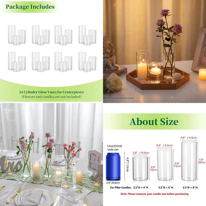 Set of 24 Clear Glass Cylinder Vases, Tall for Centerpieces, Hurricane Candle Holders, Ideal for Weddings and Events, 2.6 Diamet