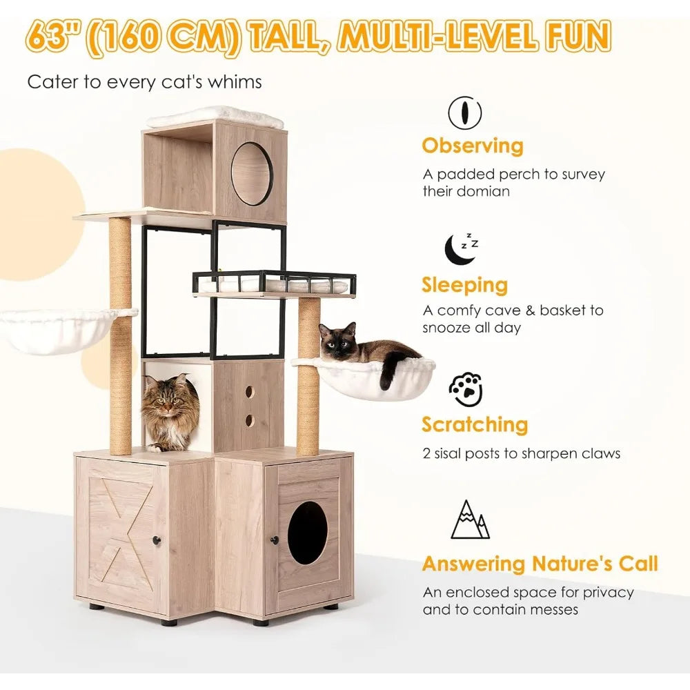 wooden cat litter box enclosure with integrated cat tree, tower, condo, removable cushions, scratching posts, and dual hammocks