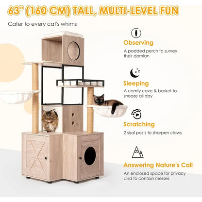 wooden cat litter box enclosure with integrated cat tree, tower, condo, removable cushions, scratching posts, and dual hammocks