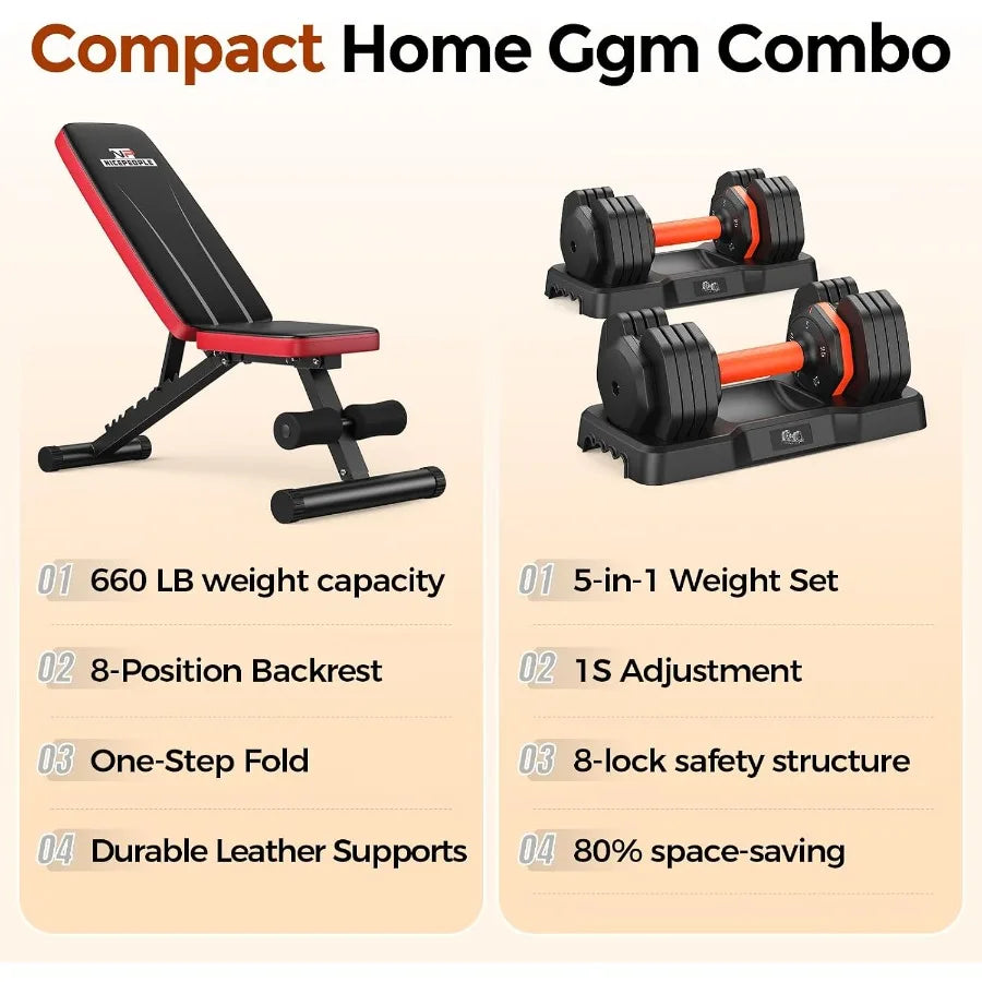 2 in 1 Weight Bench and Dumbbell Sets for Home Gym, 660LBS Capacity Workout Bench with Adjustable Dumbbell Set of 2, 25LBS Pair