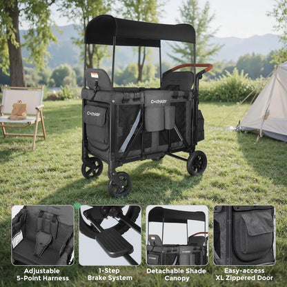 Foldable 2-seater baby stroller, outdoor storage cart, portable camping vehicle, shock-absorbing, detachable sunshade