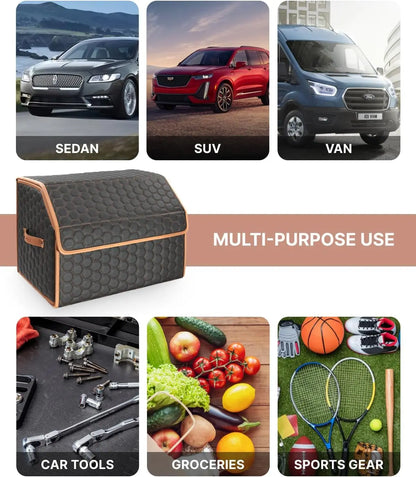 Foldable Car Trunk Organizer with Magnetic Lid, 17.7" Storage Tote for Groceries and Travel Gear in Black-Brown