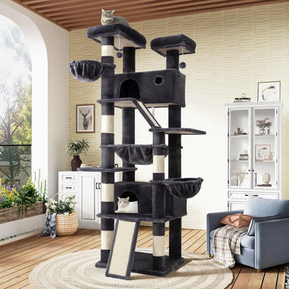 81-Inch Multi-Level Cat Tree Tower with Hammock, Scratching Posts, and Wide Base for Indoor Cats - Dark Grey