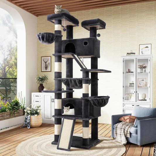 81-Inch Multi-Level Cat Tree Tower with Hammock, Scratching Posts, and Wide Base for Indoor Cats - Dark Grey