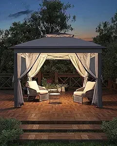 11x11 Pop Up Gazebo Tent with Mosquito Netting, Outdoor Canopy Shelter Easy Setup, Water & UV Resistant - Khaki