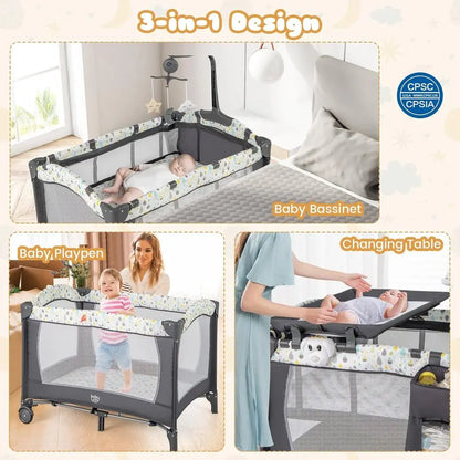 Portable 3-in-1 Playard with Bassinet, Changing Station, and Music, Suitable for Newborns to Toddlers