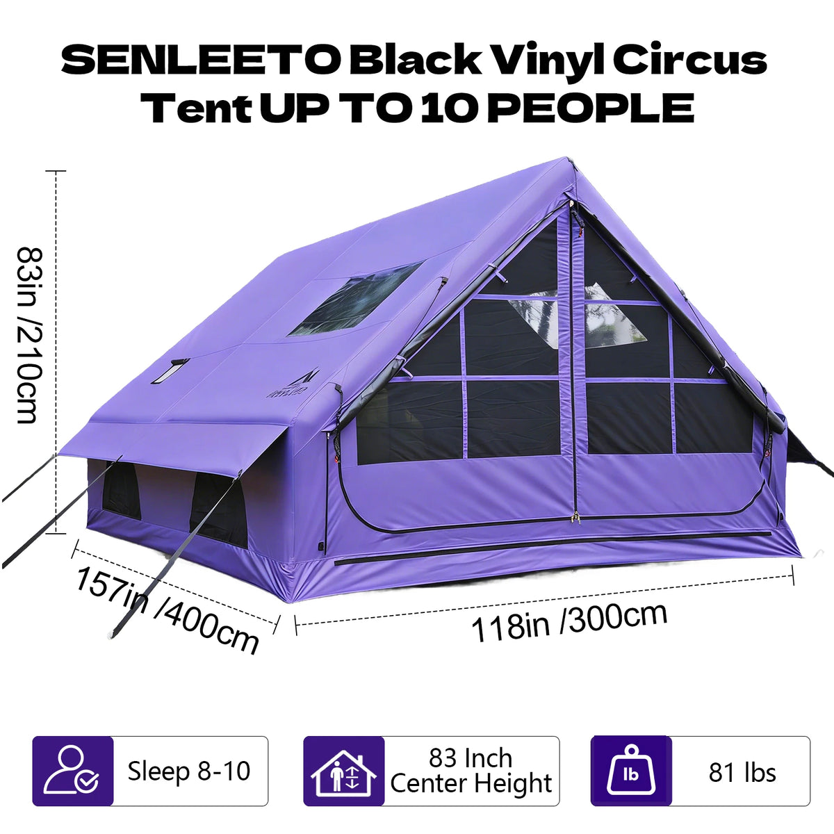 129 Square Feet Purple Inflatable Tent with Hand Pump for Camping,4 Season Sunproof Black Vinyl Blow up Tent with AC Vent