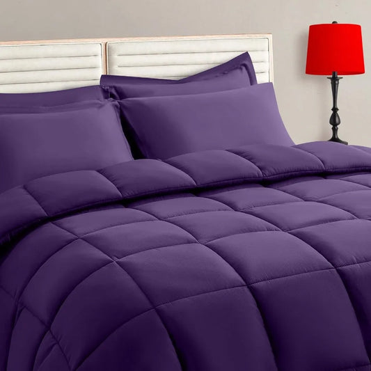 Purple Full Size Bed in a Bag Comforter Set 7 Pieces All Season Soft Quilted Warm Fluffy Reversible Bedding with Flat Sheet Fit
