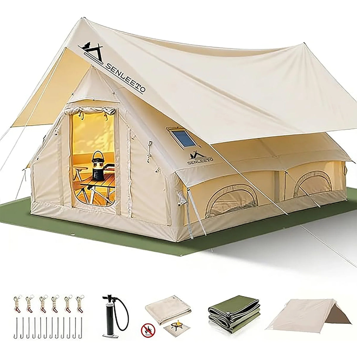 129 Square Feet Inflatable Tents 6-8 Person for Camping with Rainfly&Waterproof Mat,420D High-density Oxford Fabric Family Inflatable Tent House with Stove Jack,AC Vent,Easy Setup Blow up Tent with Mesh Windows