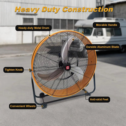 High Velocity Drum Fan, 11756 CFM 3-Speed Adjustable Floor Fan With 360° Tilt, Portable Air Circulator for Industrial Use