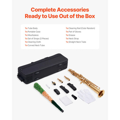 SucceBuy Straight Soprano Brass Saxophone B Flat 23 Keys, Mouthpiece, Cleaning Cloth Rod, Gloves, Neck Strap, kit for Beginners