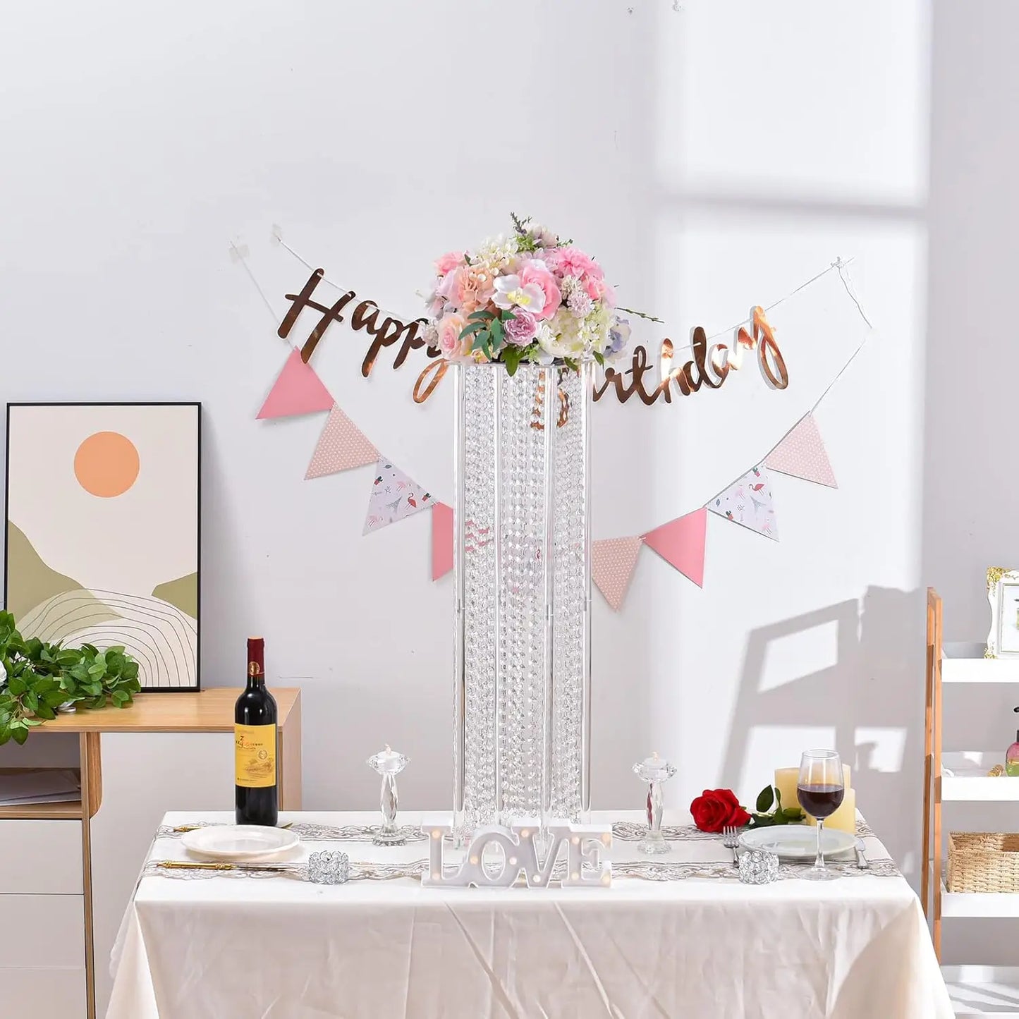 8PCS Acrylic Flower Stand with Crystals Beads for Wedding 31.5 inch Geometric Vase for Tables Column Floral Vase Display Holder