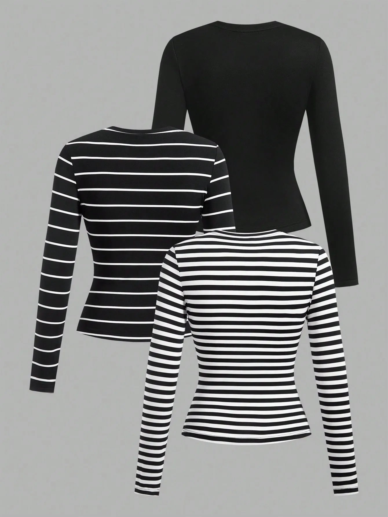 3-Pack Women's Long Sleeve Striped & Solid Round Neck Tees - Slim Fit Fall Tops