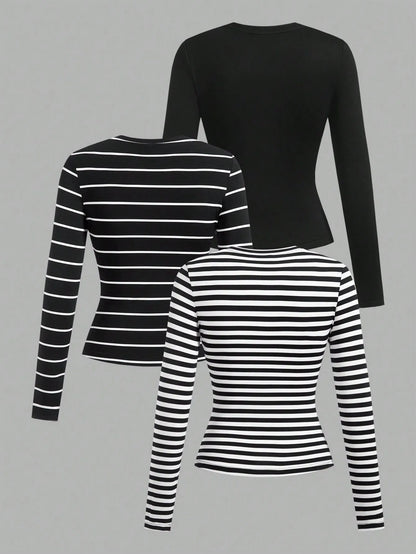 3-Pack Women's Long Sleeve Striped & Solid Round Neck Tees - Slim Fit Fall Tops