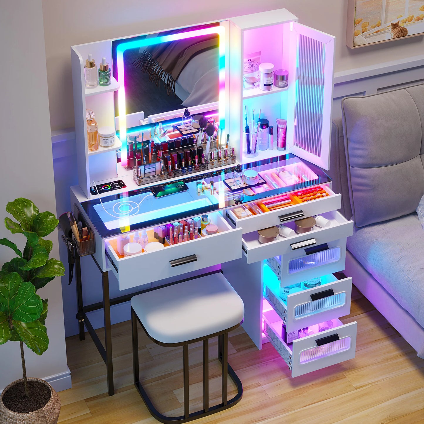 JPDAG Vanity with Mirror and LED Lights, Glass Top Vanity Desk with Charging Station(Wireless+USB+Type-C