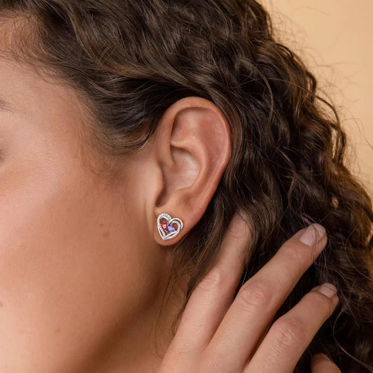 Sterling Silver Double Birthstone Earrings, Heart Studs, Perfect Anniversary Birthday Gifts for Women, Ideal Christmas Presents