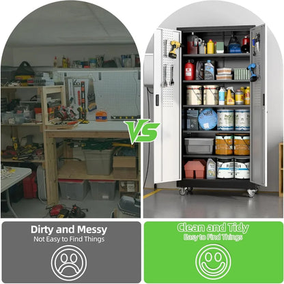 Adjustable Shelves Metal Garage Storage Cabinet with Wheels, 71 Tall, Lockable Doors, and Pegboard for Garage Organization