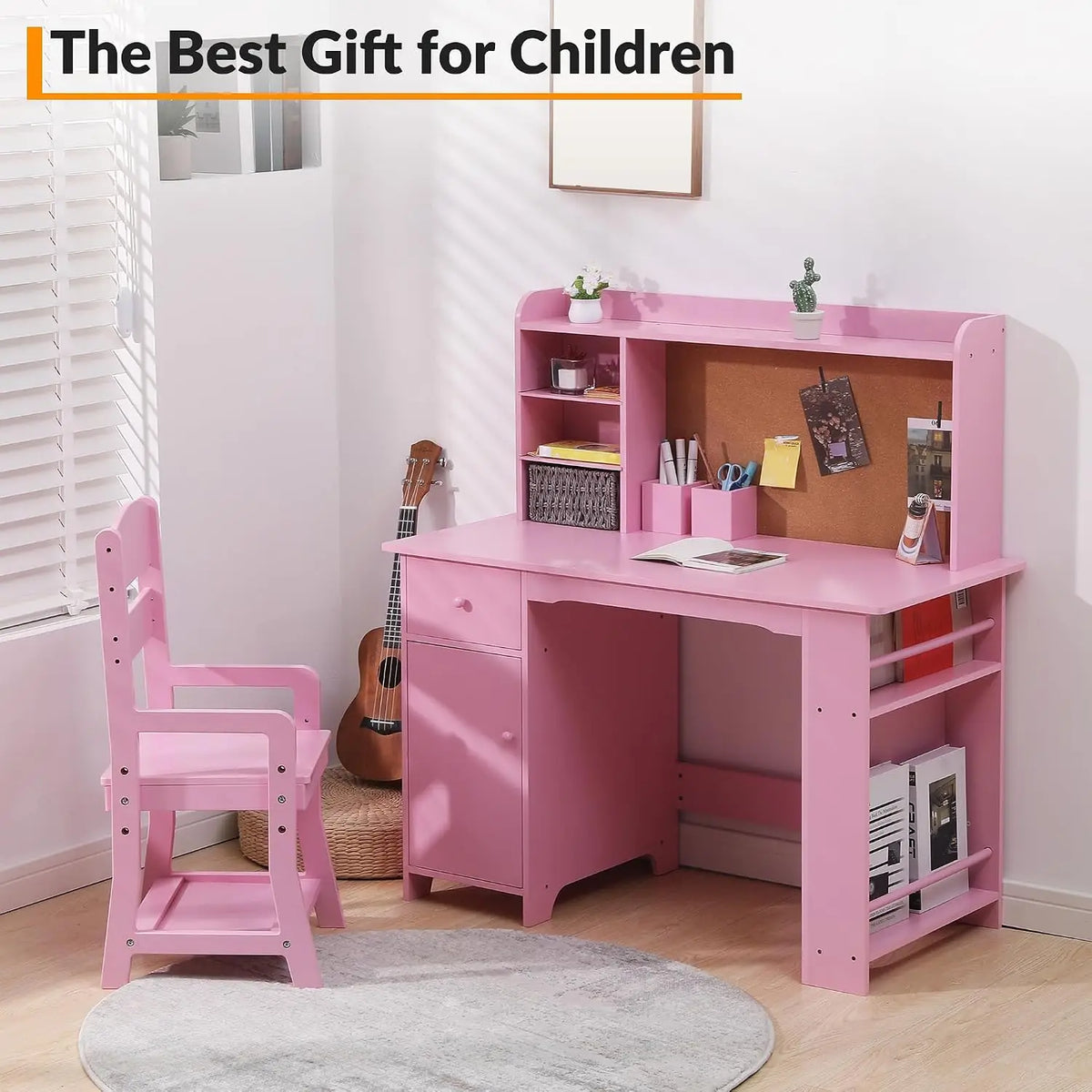 Kids Desk and Chair Set, Wooden Study Table with Bookshelf, Bulletin Board, Storage Shelf, Cabinet & Drawer, Homework Writing Desk for Ages 3-8, Pink