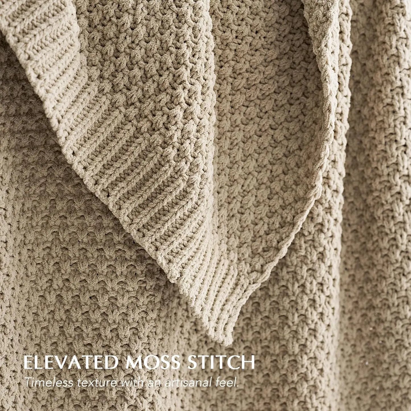 Chunky Chenille Knit Throw Blanket, Soft Oversized King Moss Stitch for Bed Couch Sofa, Sand Dune 92x108