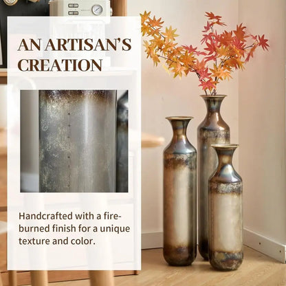 Floor Vases Decorative Tall Set of 3, Rustic Burnt Finish Metal Floor Vases for Decor Living Room, Fireplace Corner Hallway, Bed