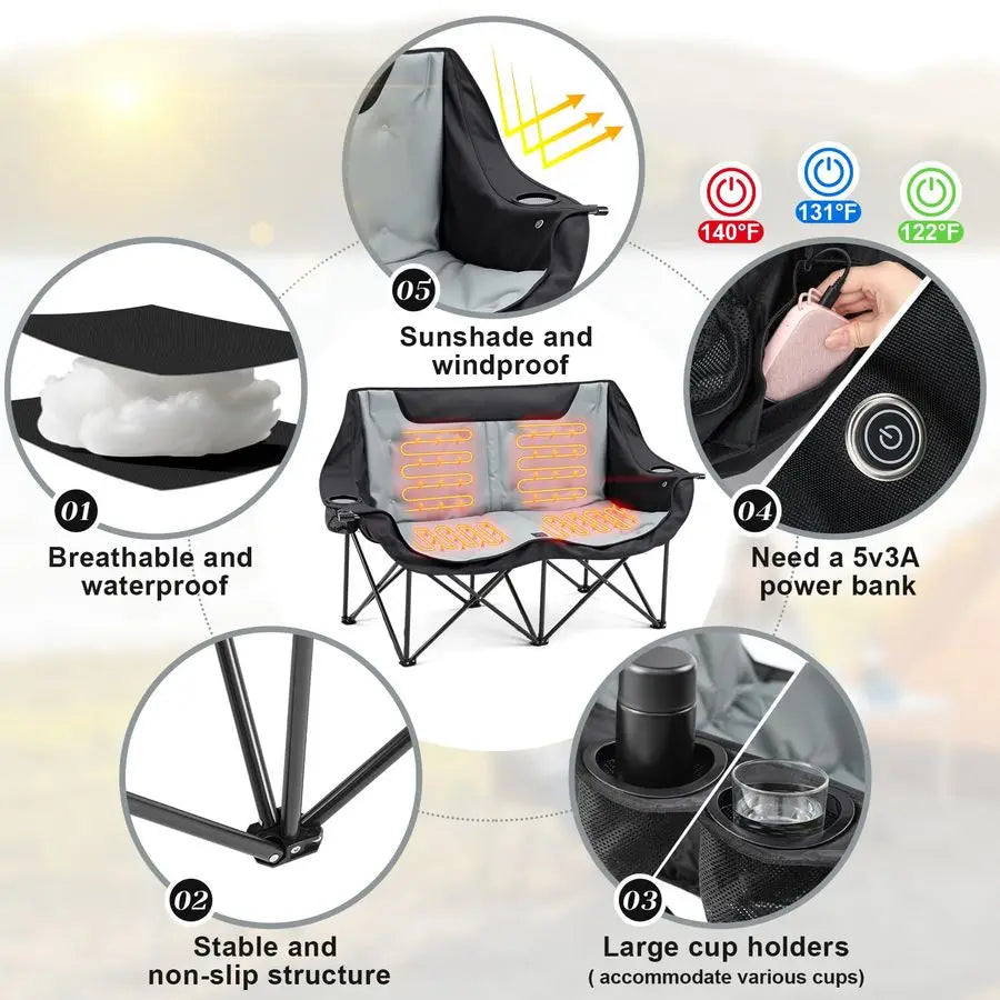 Double Heated Double Camping Chair for Adults, Oversized 660lbs Camping Chair with 4 Heating Zones amp 3 Heat Levels Folding Sea