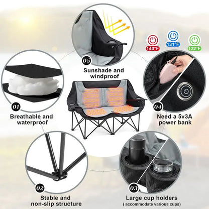 Double Heated Double Camping Chair for Adults, Oversized 660lbs Camping Chair with 4 Heating Zones amp 3 Heat Levels Folding Sea