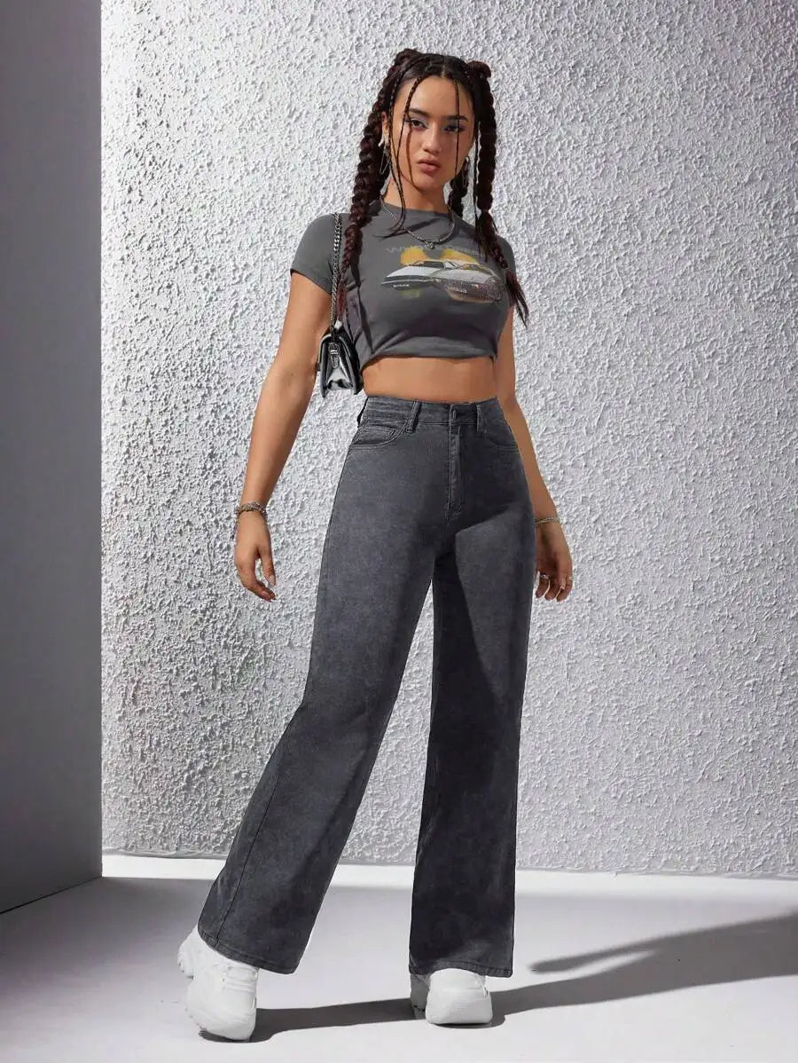 High Waist Wide Leg Washed Denim Jeans for Women - Casual Streetwear Style