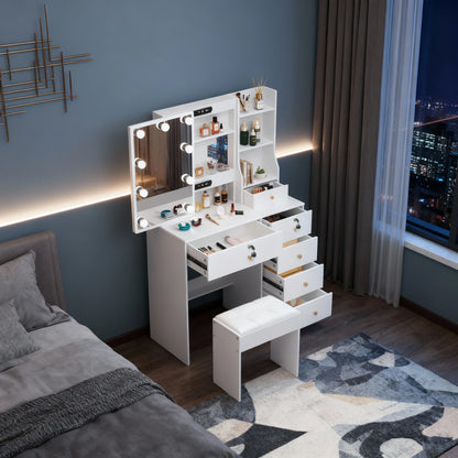 Dressing Table with LED Mirror Bedroom White Makeup Desk Vanity Table Stool Set