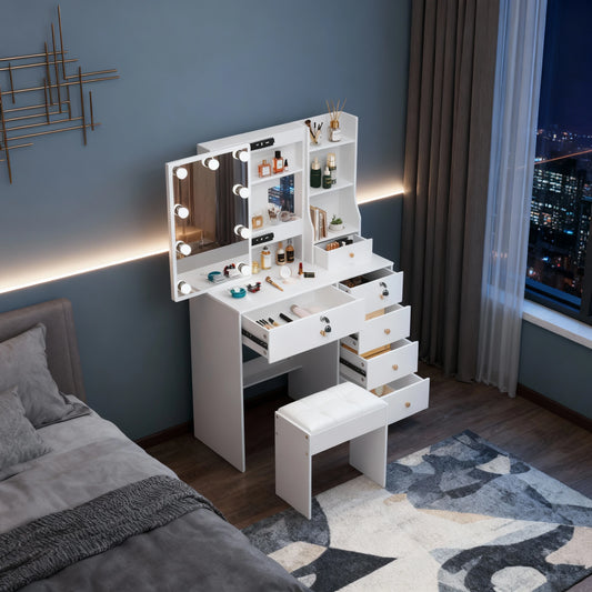 Dressing Table with LED Mirror Bedroom White Makeup Desk Vanity Table Stool Set