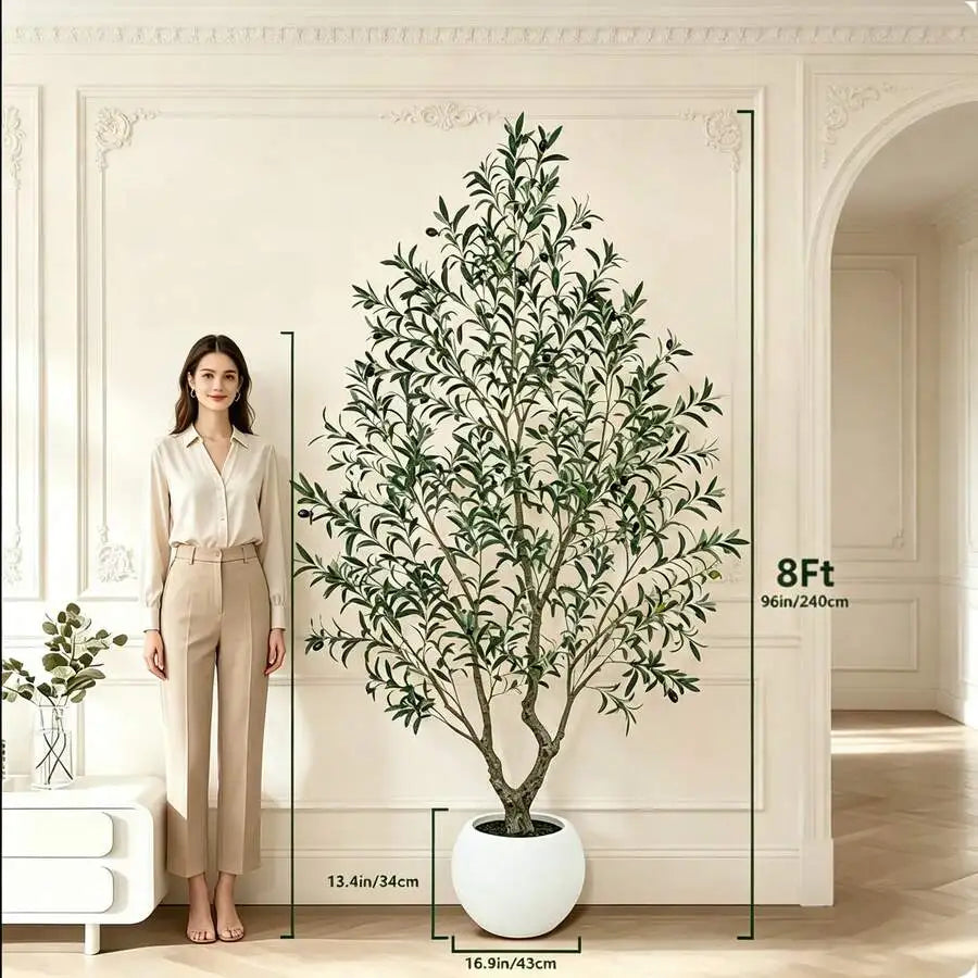 5/6/7/8FT Artificial Olive Tree With Decorative Planter, Faux Indoor Olive Tree With Natural Wood Trunk, PE Realistic Leaves And
