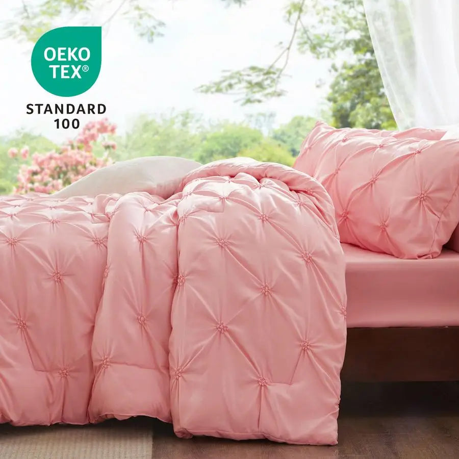 Pink Comforter Set Queen 3 Pieces Boho Pintuck Bedding Comforter Sets, Lightweight Soft amp Warm Bed Comforter Queen with 2 Pill
