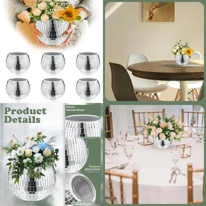 Set of 6 Silver Disco Vases, 5 x 6 Mirror Ball Planters, Glass Candle Holders, White Vases for Centerpieces, Party and Wedding D