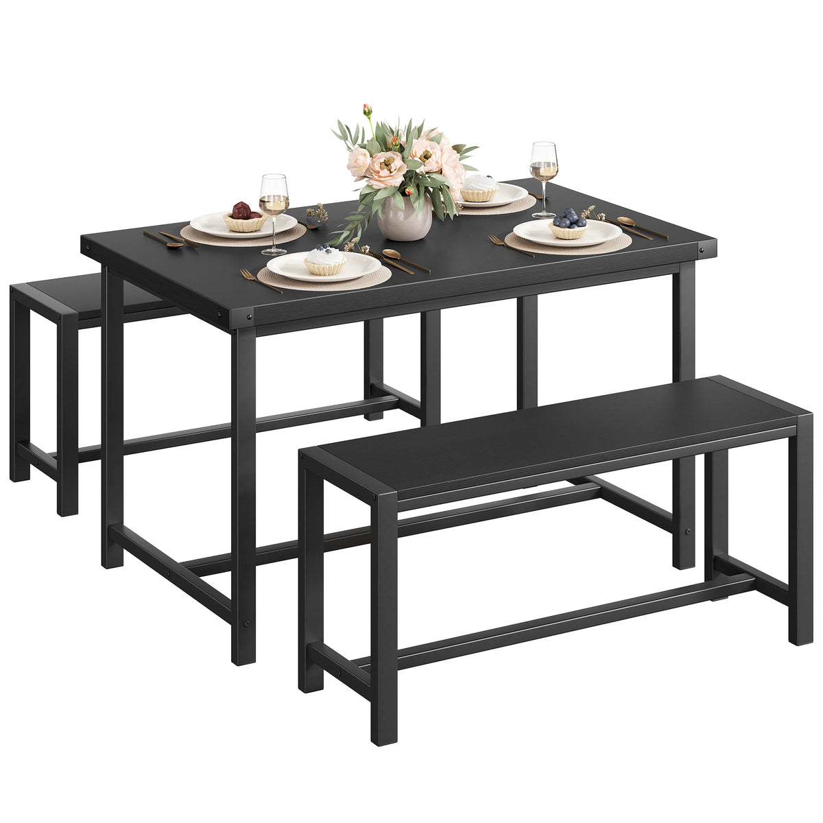 44.4'' Farmhouse Dining Table Set for 4, Kitchen Table Set with 2 Benches, Space-Saving Dinette, 3 Piece Industrial Breakfast Table Set for Small Space, Apartment, Rustic Brown/Black